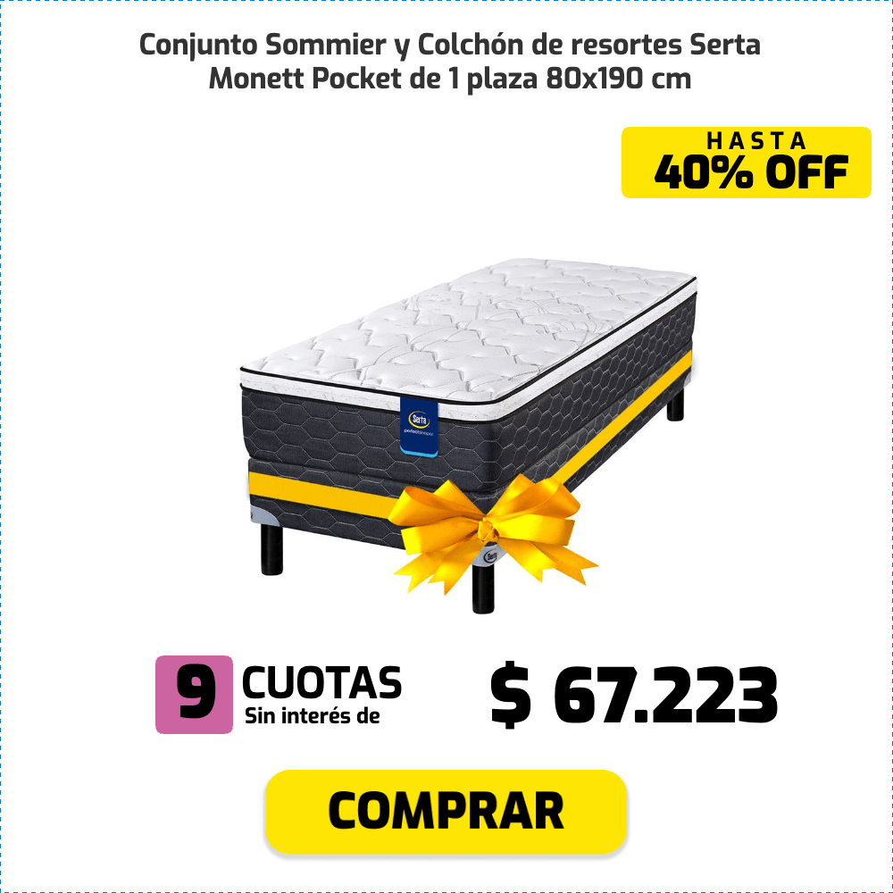 Conjunto Sommier y Colchón de resortes Serta Monett Pocket de 1 plaza 80x190 cm HASTA 40% OFF 9 CUOTAS Sin interés de $ 67.223 COMPRAR